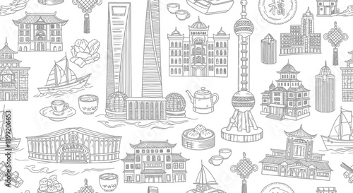 Iconic Shanghai Landmarks and Cuisine, Urban Scene, Illustration, Design
