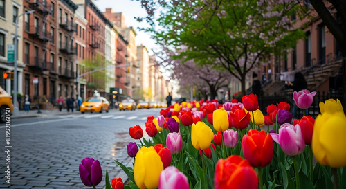Tulips Blooming on a Cobblestone Street with City Brownstones and Yellow Cabs in Spring