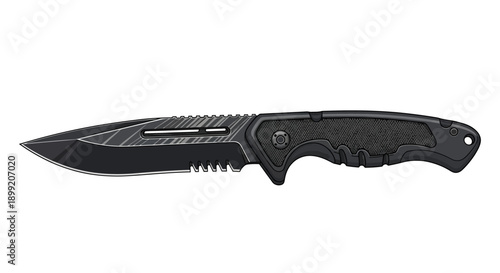 A black pocket knife with a partially serrated blade and textured handle displayed on a plain background from a horizontal viewpoint