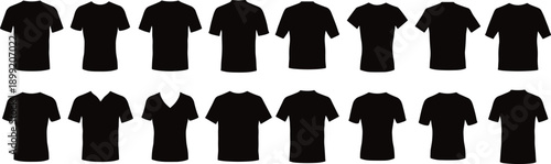 Black t shirt silhouette set isolated on white background, short sleeve apparel templates collection for fashion mockup, print, branding and design