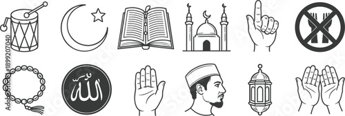 Islamic Symbols Vector Icons: Prayer, Mosque, Quran, Ramadan, Faith Elements