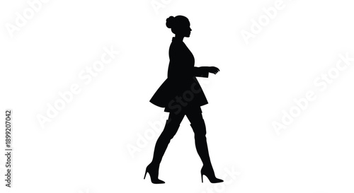 Stylish silhouette of a confident woman walking forward wearing thigh high boots and a short dress