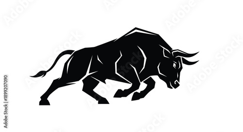 Powerful black and white charging bull logo icon for aggressive design concepts