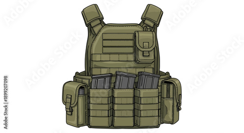 Illustration of tactical military vest with pouches and straps on a plain white background