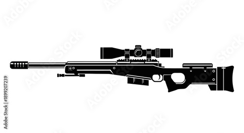 Sniper rifle illustration with scope and silencer on a plain background