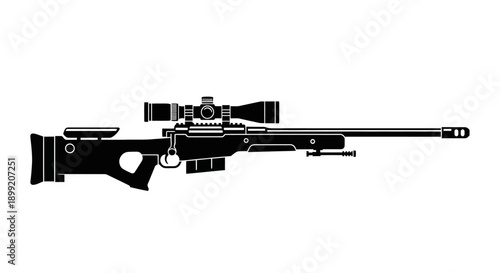 A sniper rifle with a scope is viewed from the side on a white background