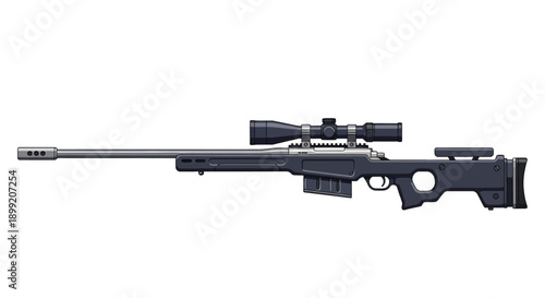 A sniper rifle with a scope is positioned for a precise shot in a tactical setting.