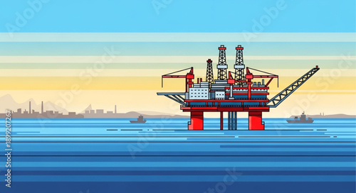 Offshore oil rig platform in the ocean industrial landscape.