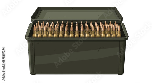 Ammunition box filled with bullets viewed from the front on a plain background
