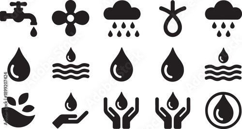 Water conservation and sustainability icons set