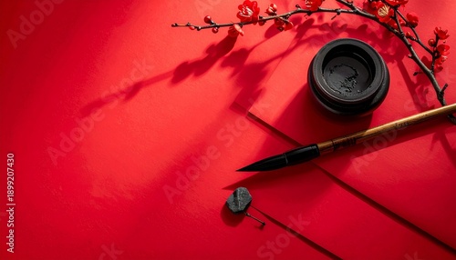 Wallpaper Mural Overhead View of Calligraphy Set with Brush Ink and Red Plum Blossoms on Red Paper Background for Lunar New Year Theme Torontodigital.ca