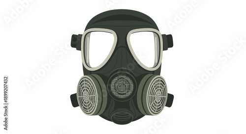 A black gas mask with filters and goggles on a white background viewed from the front
