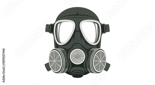 A dark green gas mask with filters on a white background from a front viewpoint, showcasing protective gear