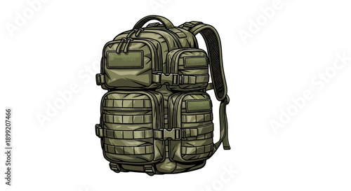 Military backpack illustration with multiple pockets and straps on a white background from a front viewpoint