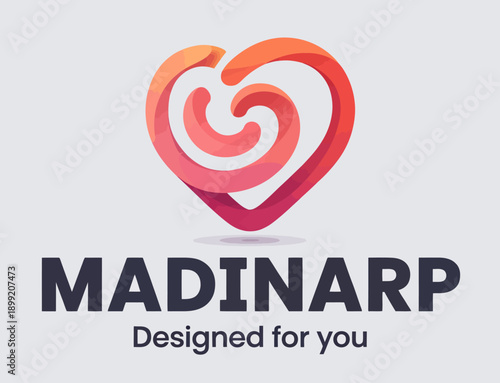 A stylized red heart with a swirl inside and the text Madinarp designed for you orange