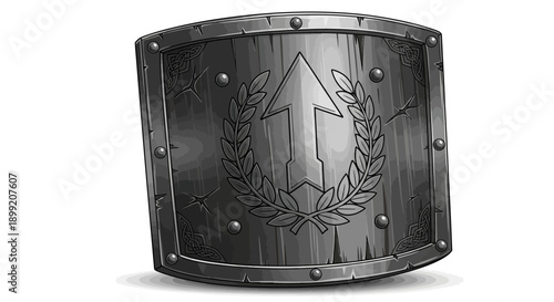 Ancient wooden shield with laurel wreath and arrow emblem displayed prominently on a metallic surface