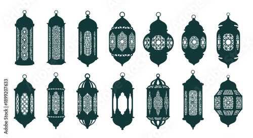 Collection of intricate dark green silhouette Islamic Ramadan lanterns featuring detailed geometric patterns