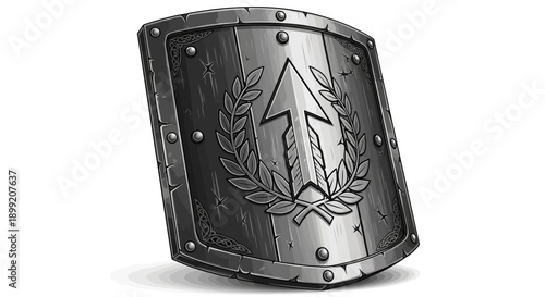 An intricately designed metal shield with laurel wreath and arrow emblem on a metallic surface, viewed from a slight angle