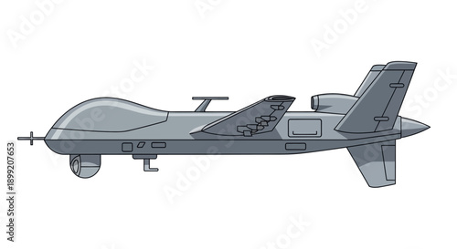A gray stealth drone aircraft is viewed from the side in a plain white environment illustration