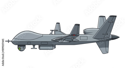 Military aircraft illustration viewed from the side showcasing its sleek design and advanced technology features