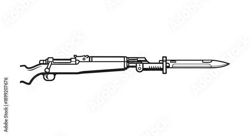 Detailed illustration of a bayonet attached to a rifle, viewed from the side, showcasing military equipment