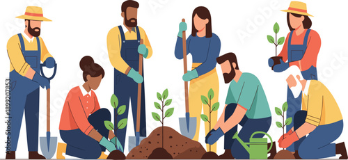 Group of Volunteers Planting Tree Together Community Gardening Flat Vector Illustration