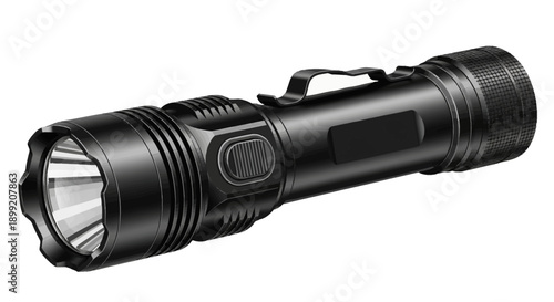 A black flashlight is positioned on a white background, highlighting its features and design from a side viewpoint, showcasing the tool for outdoor activities and emergencies.