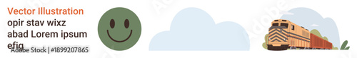 Emoticons, transportation, weather, graphic design, text placeholders, happiness. A green happy face, train and clouds paired with placeholder text. Emoticons and transportation theme