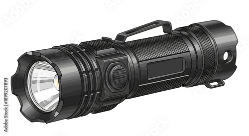 A black flashlight is positioned on a white surface viewed from the side