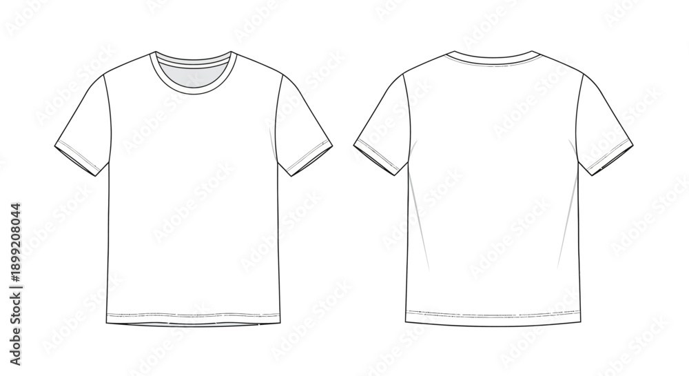 Naklejka premium Flat technical sketch displaying the front and back views of a basic blank white crew neck short sleeve t-shirt