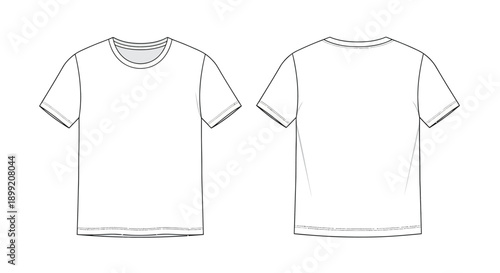 Flat technical sketch displaying the front and back views of a basic blank white crew neck short sleeve t-shirt
