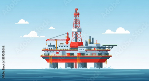 Offshore oil rig platform in the ocean under a blue sky.
