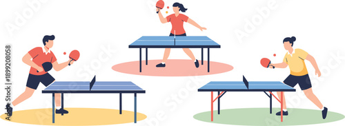 Table Tennis Players Set with Man and Woman Playing Ping Pong Match Flat Vector Illustration