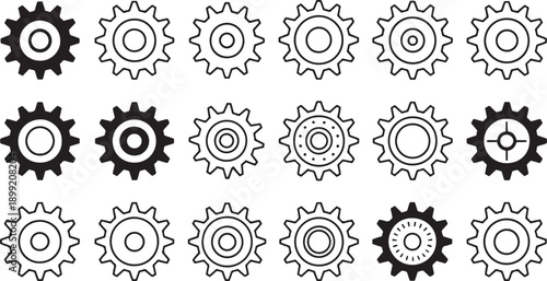 Collection of diverse gear icons for industrial and mechanical design themes