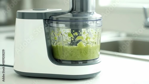 Fresh green peas are blended into a smooth puree. This modern food processor makes healthy cooking easy.