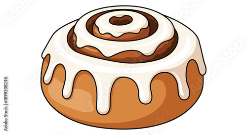 Delicious cartoon illustration of a sweet cinnamon roll generously topped with thick white icing