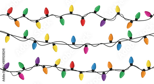 Colorful string lights decoration shown across three horizontal lines against a white background