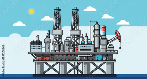 Offshore oil rig platform in the ocean under a blue sky.