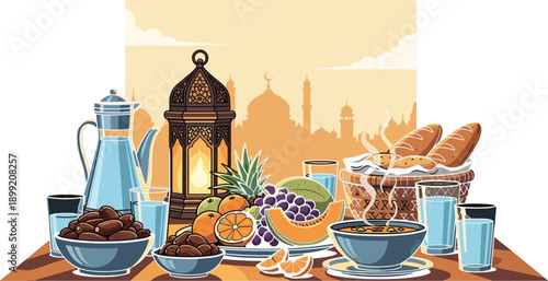 Traditional Iftar meal setup with dates, soup, fruits, lantern, mosque silhouette at sunset, Ramadan celebration, Islamic festive art