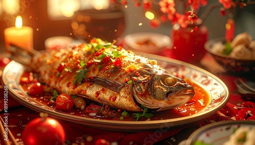 Wallpaper Mural Festive Whole Fish Dish Garnished with Red Peppers on Ornate Platter for Holiday Celebration Torontodigital.ca
