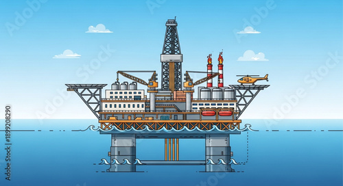 Offshore oil rig platform in the ocean under a blue sky.