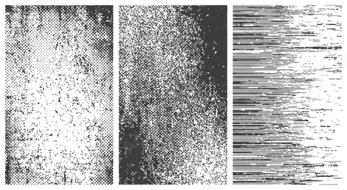 Vector Grunge Textures Set Halftone Noise and Glitch Line Distressed Overlays Black and White Backgrounds