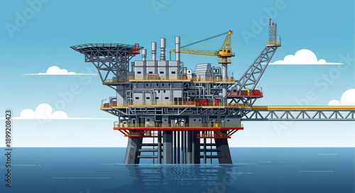 Offshore oil rig platform in the ocean under a blue sky.