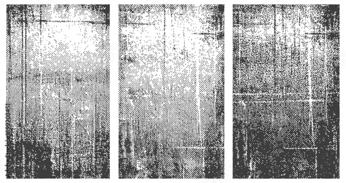 Three distressed grunge vector textures set vertical black and white backgrounds with halftone screen dot patterns and noise effects