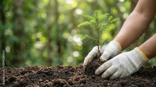 Hands with gloves planting small tree in rich soil, green forest background, environmental conservation, hope, growth, nature care