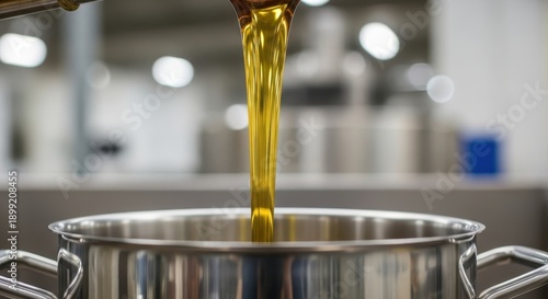 Golden Cooking Oil Stream Poured Into Stainless Steel Pot During Food Preparation and Industrial Process