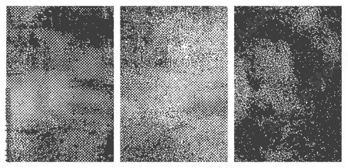 Three Grungy Distressed Vector Textures Set Halftone Dot Pattern and Scratch Noise Effect Black and White Abstract Background Overlays
