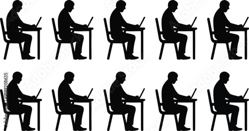 Silhouettes of people sitting at desks working on laptops in a repeating pattern