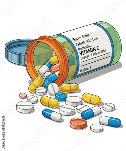 Prescription orange bottle tipped over spilling various colorful vitamin c capsules and white tablets for health and wellness support on white background