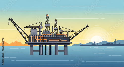 Offshore oil rig platform in the ocean at sunset.